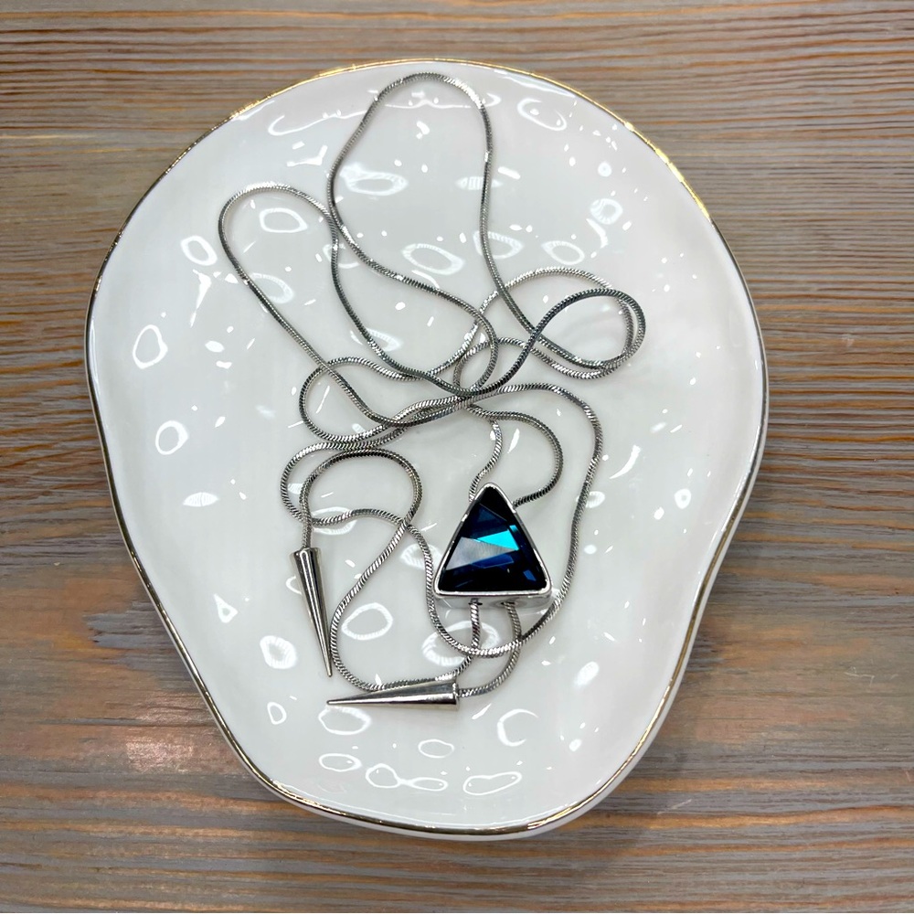 Ajidou minimalist long silver necklace with blue crystal 36 inch